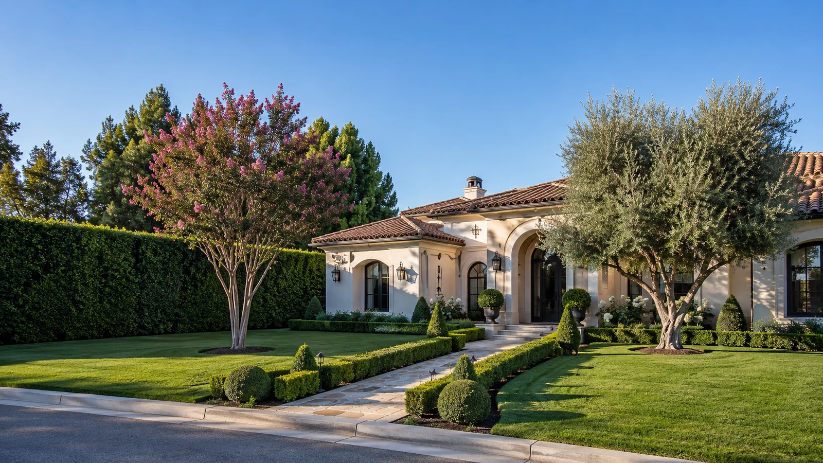An upscale Southern California home fully landscaped with a Ficus privacy hedge, boxwood borders and specimen trees